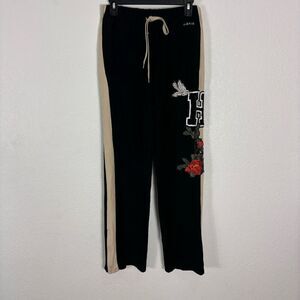 PAROSH Black w/ Cream Side Stripe w/ Jeweled Bird & Sequins H Sweatpants